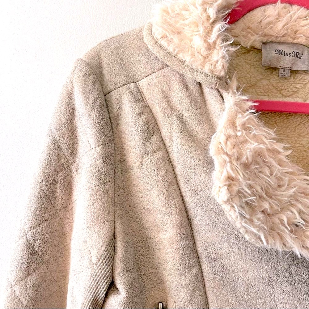 Vintage Miss Me Tan Suede Aviator Jacket Faux Shearling Collar Moto Style Small - Picture 4 of 9